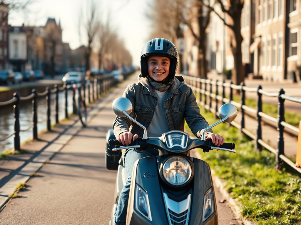 Leerling op een bromfiets langs een Amsterdamse gracht